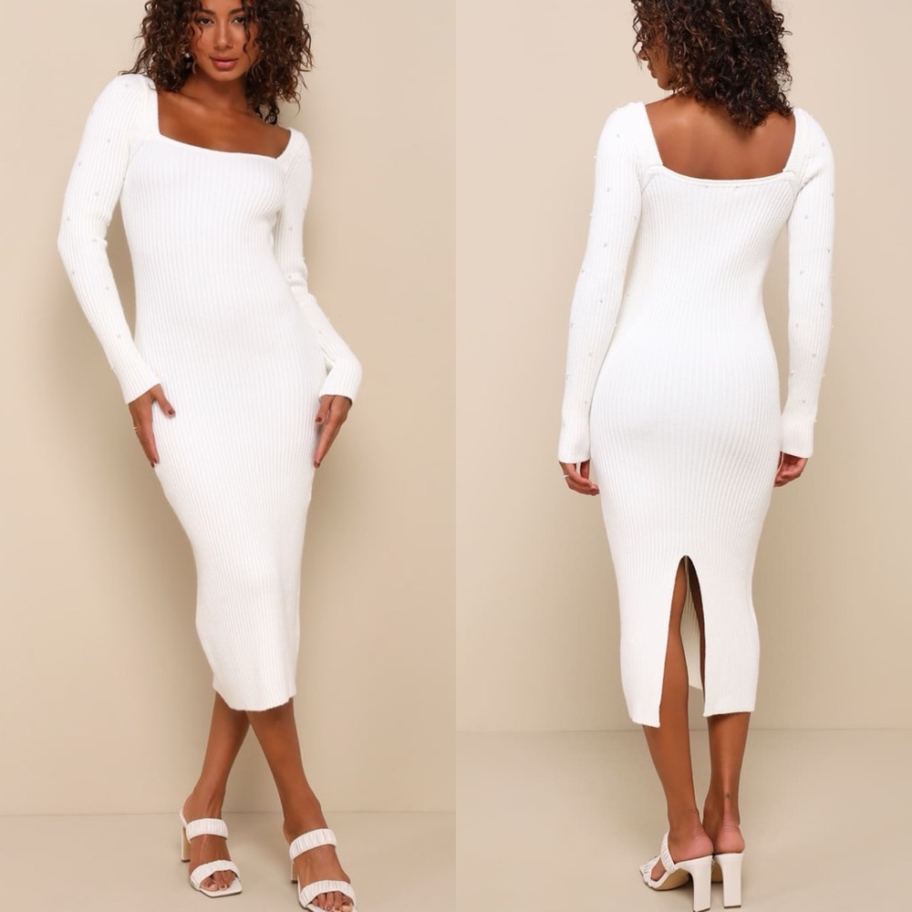 Lulus | Gleaming Babe White Ribbed Knit Pearl Midi Sweater Dress